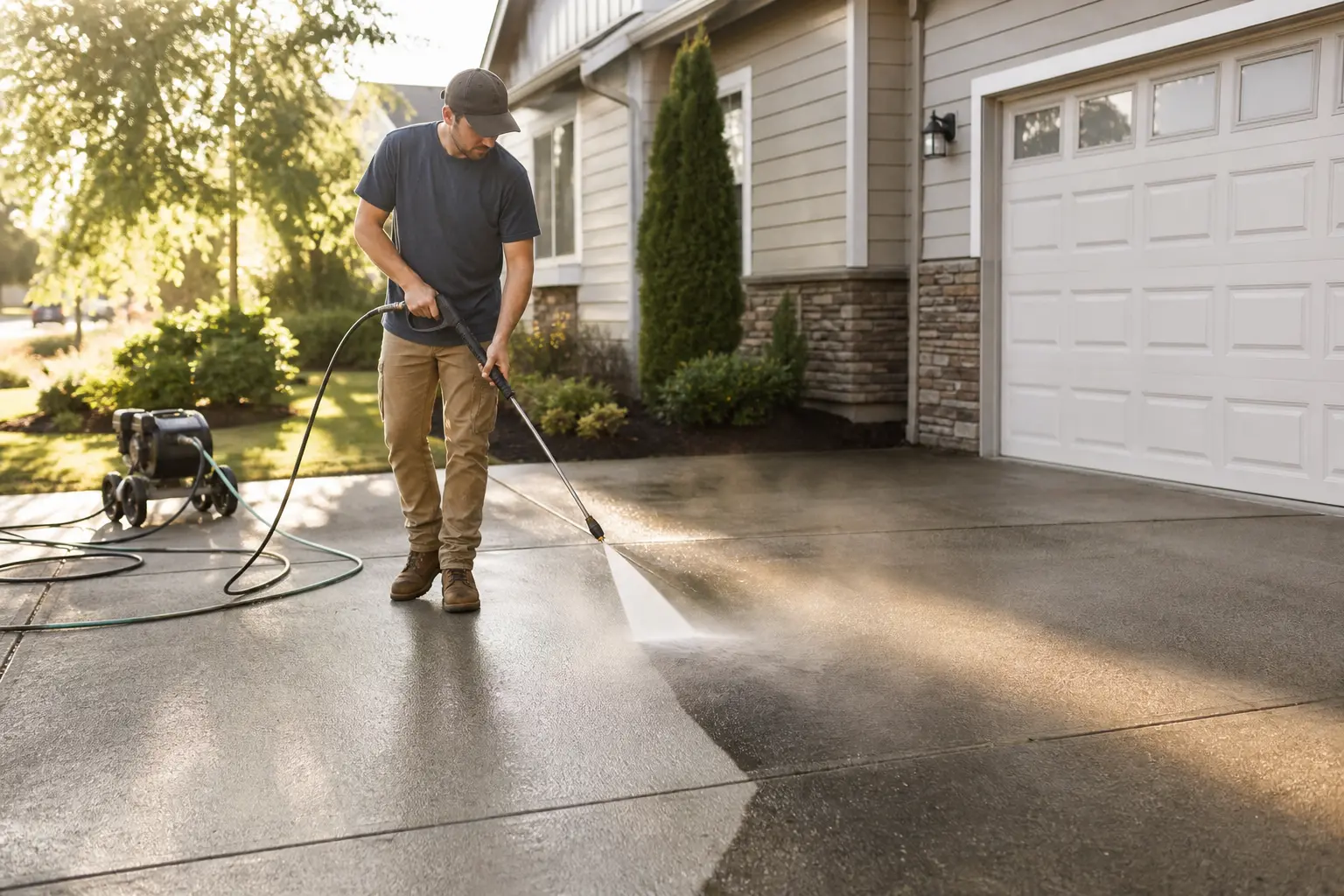 Pressure washing a paver driveway in front of a home